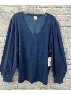 Chico's V Neck Smocked Sleeve Tee Blue Riviera Size 4 (XXL) NWT